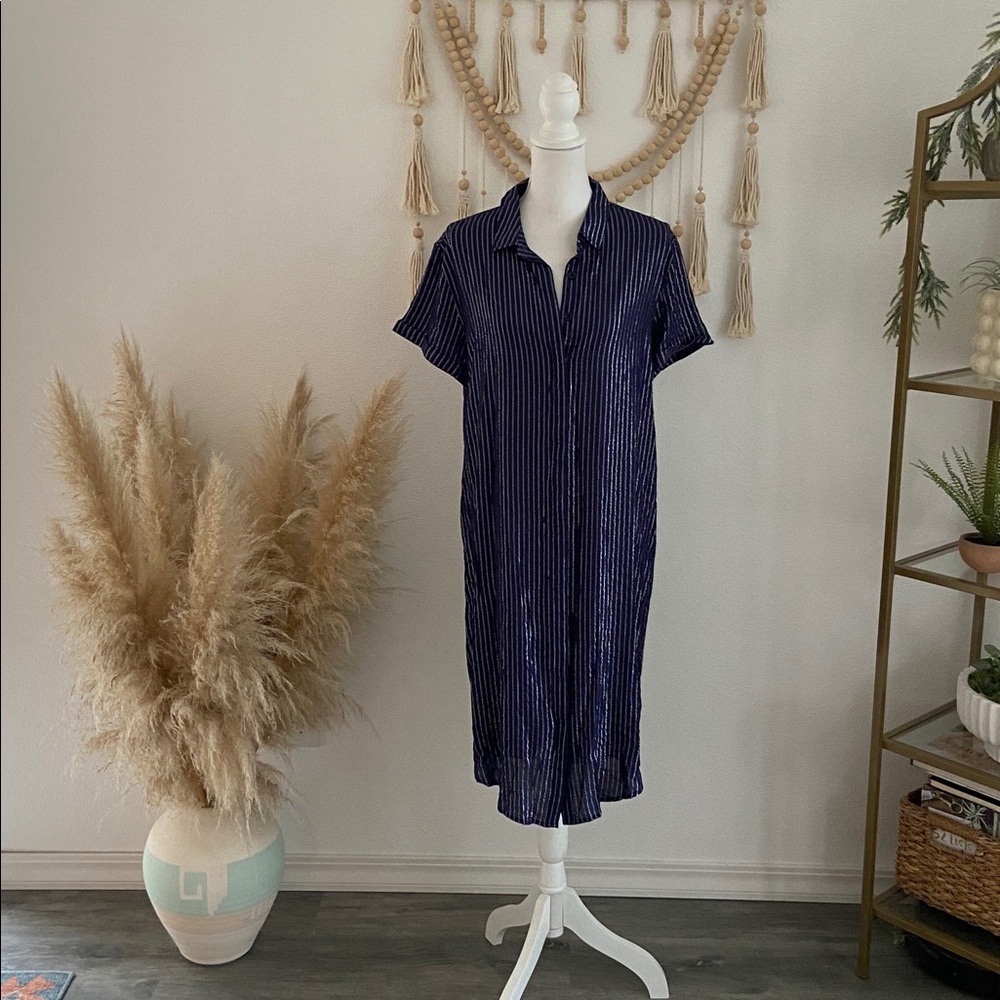 Wildfang Empower Pinstripe midi shirt dress blue silver stripe short sleeve M - Picture 7 of 16